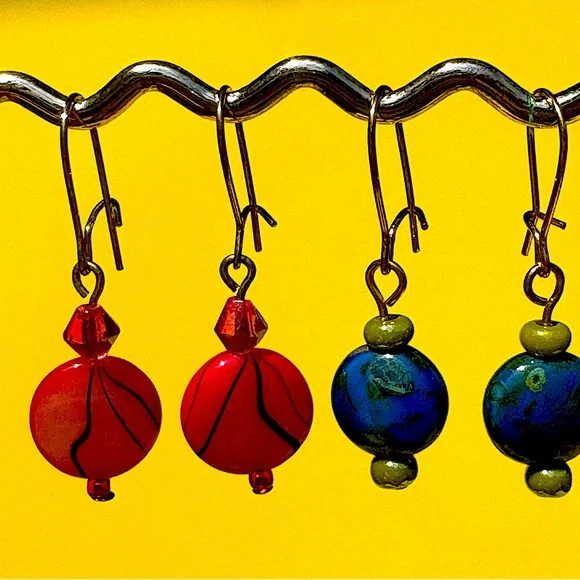 Earrings Pierced Handmade Unique Design Red Glass w/Black & Blue Glass w/Green - Picture 2 of 5